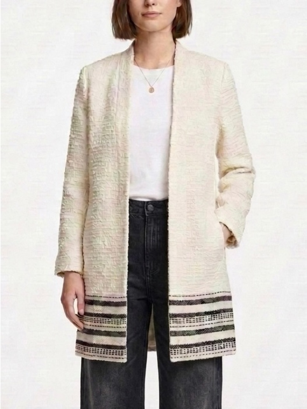 H&M Cream Textured Woven Car Coat Longline Sz 14 Black Stripe Border EUC